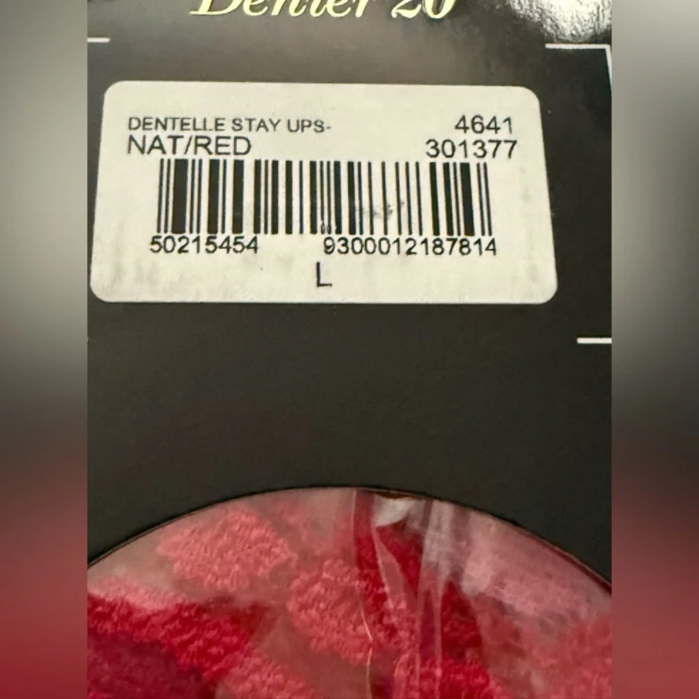Honey Birdette Dentelle Stay Ups Thigh Highs NAT/RED Lace Top 20 Denier New‎ L